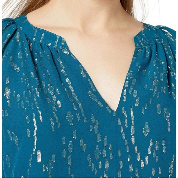 Lilly Pulitzer Matilda Top in Inky Tidal - Teal Blue Metallic Dot Peasant Blouse - Picture 3 of 6